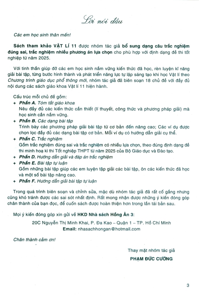 SÁCH THAM KHẢO VẬT LÍ LỚP 11 (Đầy đủ các dạng trắc nghiệm theo cấu trúc đề thi năm 2025 - Dùng chung cho các bộ SGK hiện hành)